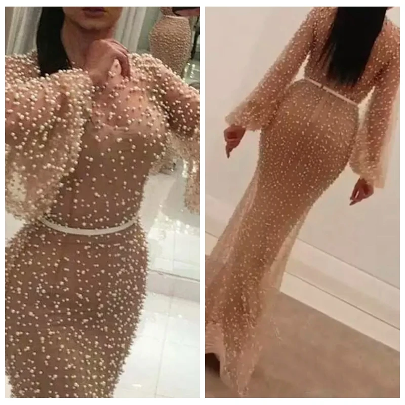 

2021 Yousef aljasmi Labourjoisie Long Sleeve Prom Dresses Pearls Mermaid Kylie Jenner Celebrity Party Gowns Women Evening Wear