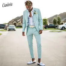 Мятно-зеленые пляжные свадебные костюмы для мужчин с заостренным отворотом одежда для жениха(куртка+ штаны