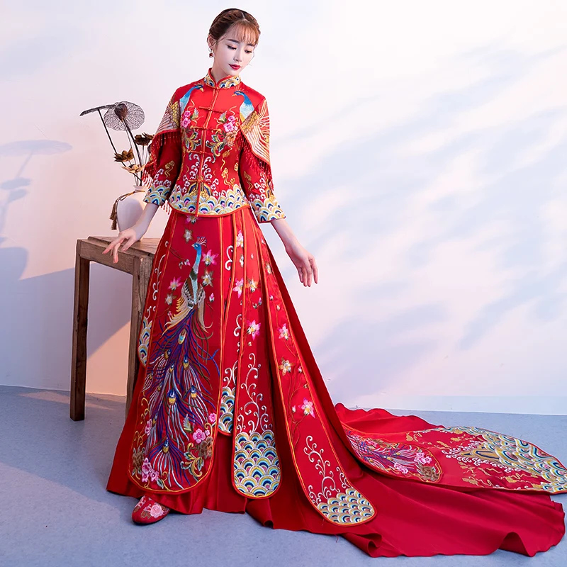 Изысканный трейлинг красный для женщин брак костюм китайский стиль вышивка павлин Qipao Благородный Леди тост одежда Cheongsam красное платье