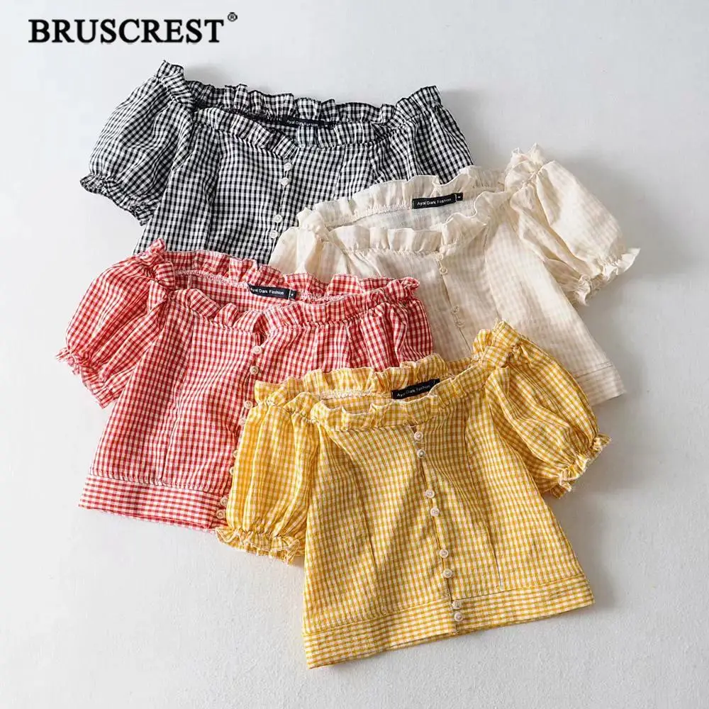 

Summer boho plaid blouses woman 2019 elegant ruffle casual sexy puff sleeve crop top women shirts punk streetwear Korean clothes