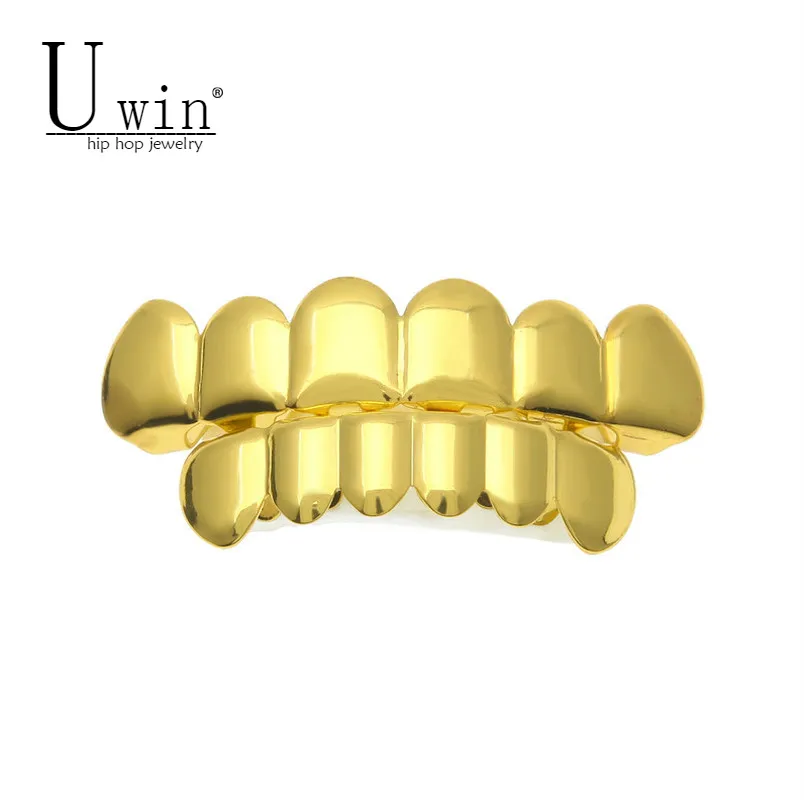 

UWIN Real Shiny! Gold Silver Color HIP HOP Teeth Grills Top & Bottom Set With silicone Vampire teeth Christmas Gift