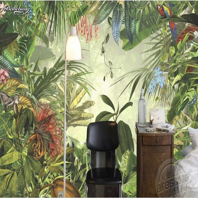 Murais em grande escala beibehang Personalizado retro-estilo Europeu-pintado floresta macaco animal papagaio tigre ultra-verde wallpaper