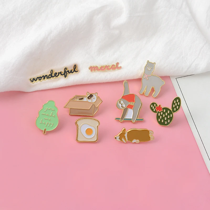 

Cute Sweet Collection ! Wonderful Girl Merci Cartoon Sloth Cat Dog Sheep Alpaca Cactus Tree Toast Enamel Brooches Pins