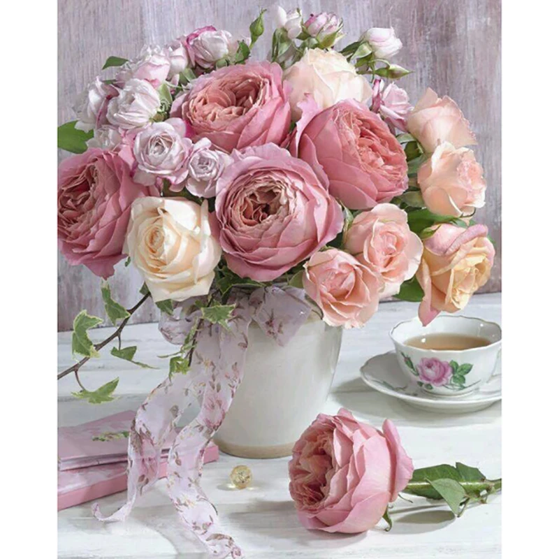 

5D Diy Diamond Paintings Mosaic Flower Pictures Rhinestones Embroidery A Vase Of Pink Rose Wall Artwork Wedding Decoration