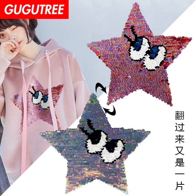 

GUGUTREE embroidery Sequins big star patches eyes patches badges applique patches for clothing XC-5