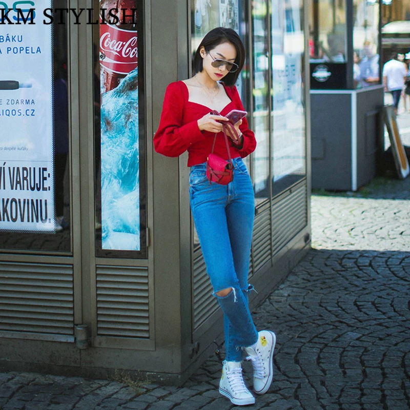 2018 Autumn Star Street Shooting Women Set Slim Waist Red V-neck Puff Sleeve Long Sleeve Cotton Top + Casual Shredded Jeans Women's Sets