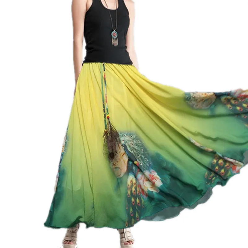 

Fashion Skirt Chiffon Print Quality Long Maxi Spring Summer Beach Women Vintage Female Clothing Tutu Vestidos Club Party Skirts