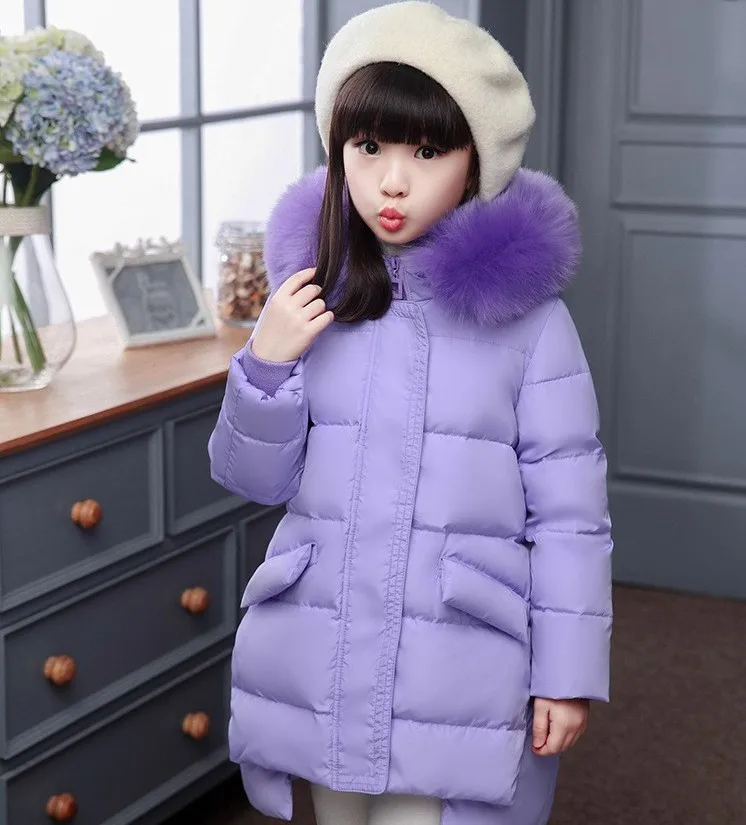 

2017 Children school kids girl long jacket fur hooded duck down fluff 6-12y kids coat thickening winter overcoat clohes for girl