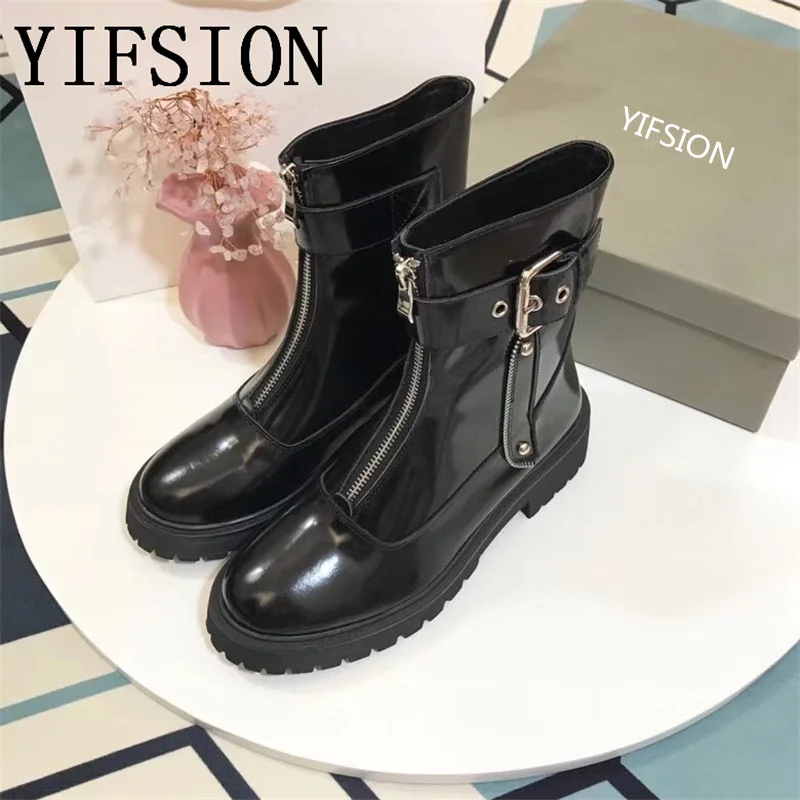 

OLOME Top Quality Black Genuine Leather Gladiator Women Boots Round Toe Buckle Strap Front Zip Women Autumn Boots Shoes Woman