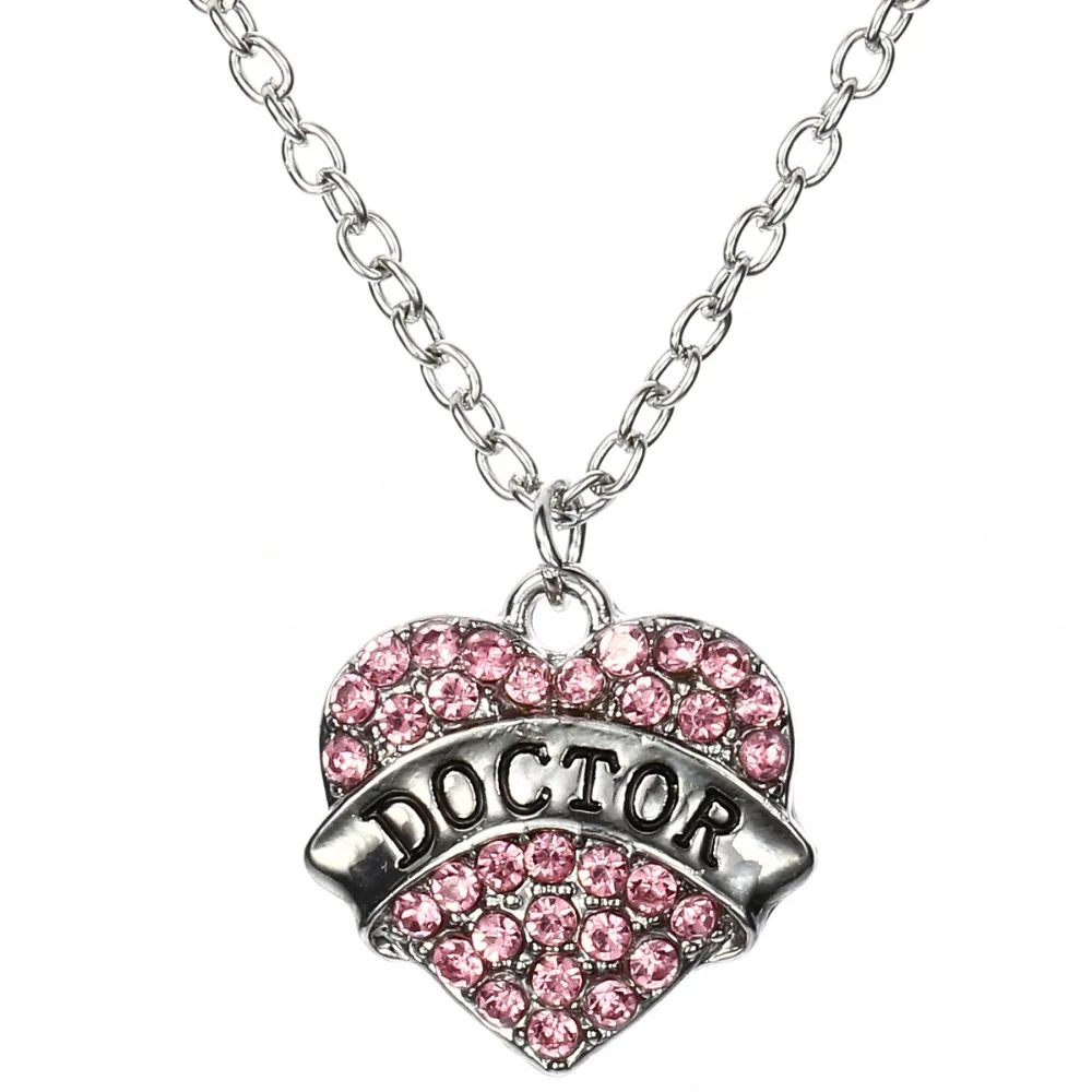 New Clear Pink Crystal Heart DOCTOR Pendant Necklace Charm Chain