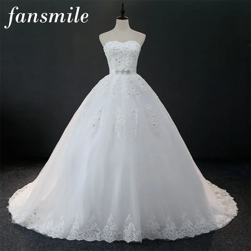 

Fansmile Real Photos Vintage Lace Vestidos de Novias Wedding Dresses 2019 Long Train Customized Plus Size Ball Gowns FSM-235T