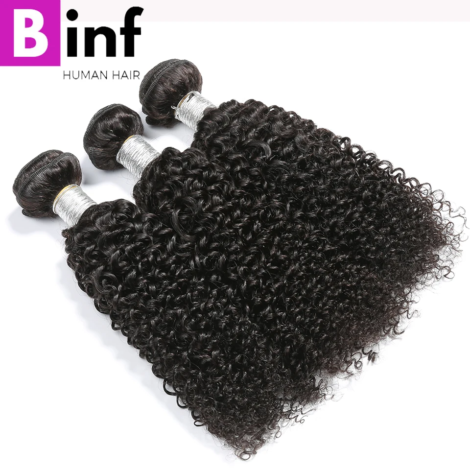 BINF волосы 3 пучка не Реми волосы индийские кудрявые вьющиеся волосы с закрытием человеческие волосы для наращивания Цвет# 1B мягкие