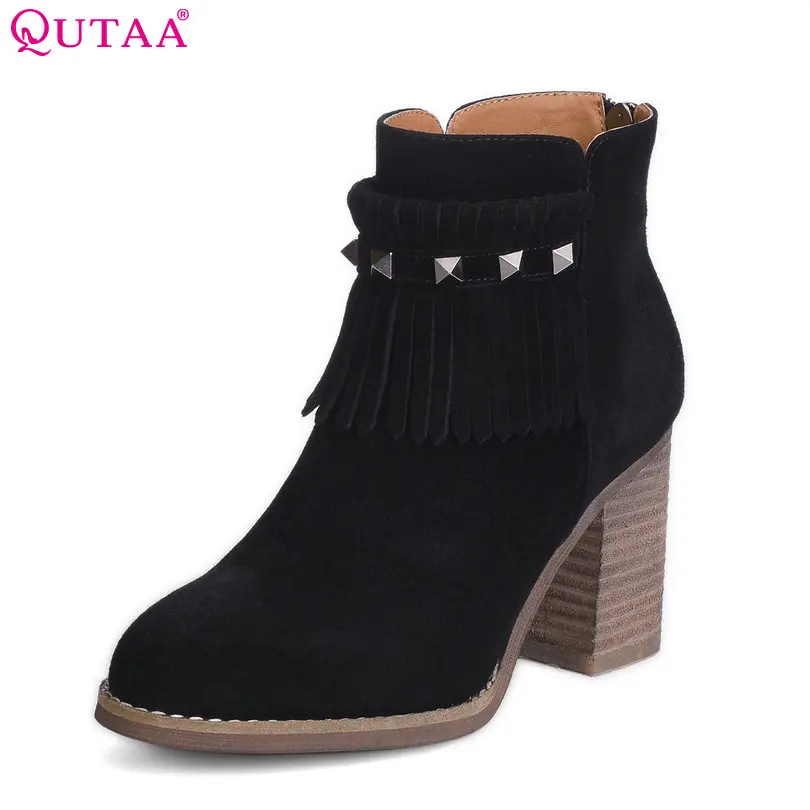 

QUTAA 2019 Womne Ankle Boots Square High Heel All Match Zipper All Match Platform Flock Women Motorcycle Boots Size 34-43