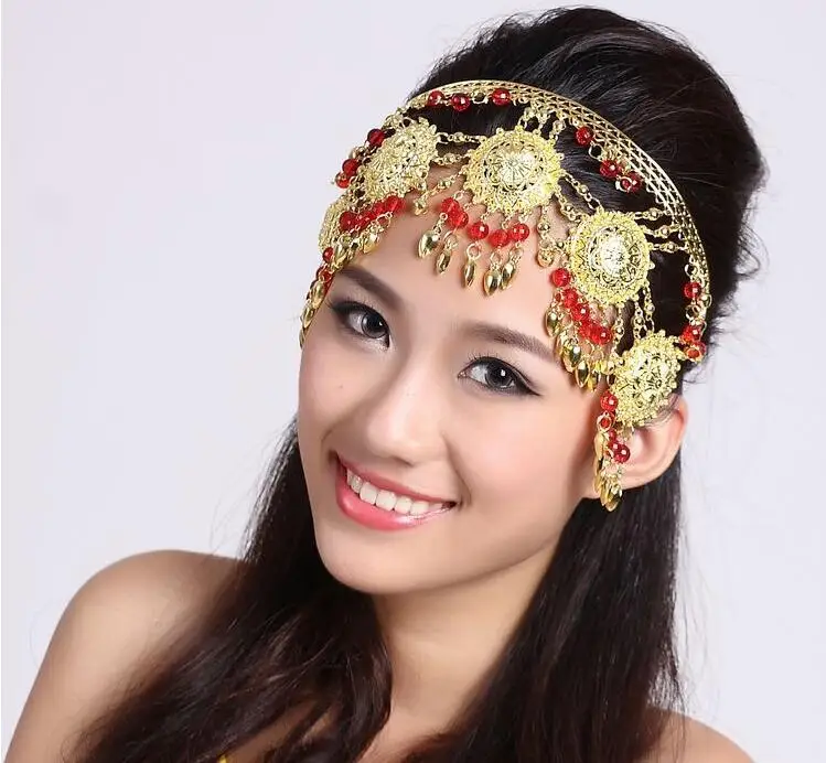 

Bollywood Metal Hair Head Ornament Costume Jewelry Coin Belt Beaded Clips Golden Indian Dance Accessory Free Shipping