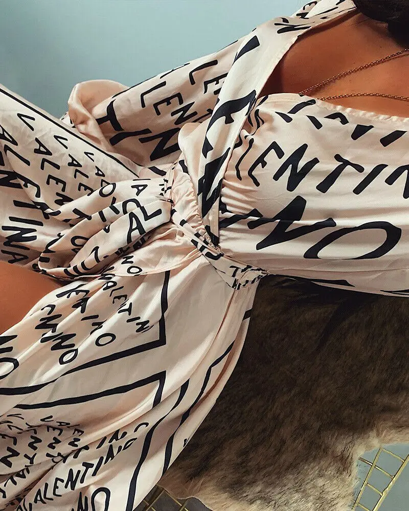 Women Sexy Letter Print Vintage V-neck Long Sleeve Slit Maxi Dress New Fashion Ladies Bandge Long Dress Beach Party Sundress