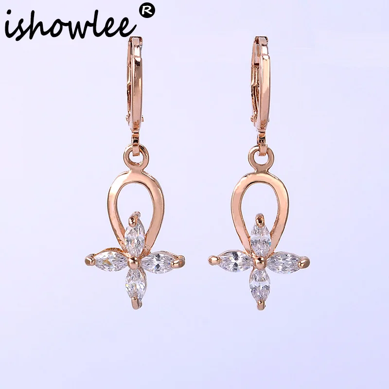 

ISHOWLEE New Gold 585 Flowers Cubic Zircon Hanging Earrings for Women Korean Party Designer CZ Cute Earrings Star Jewelry esp69