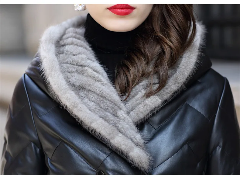 Новая модная куртка из натуральной кожи, натуральная овчина, пальто из натурального меха норки с капюшоном, длинные женские зимние пуховики Z372