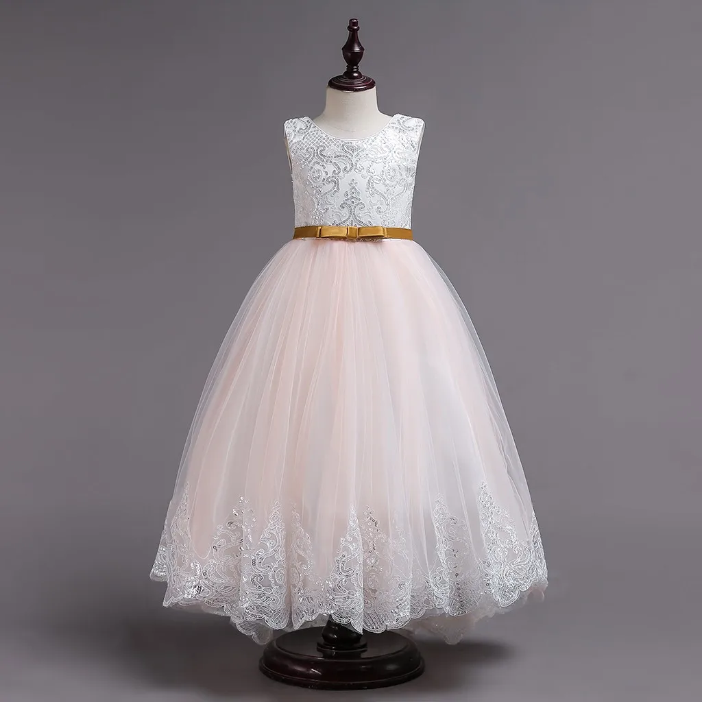 

Baby Girls Sleeveless Flower Floral Sequin Dress Lace Dresses Formal fashion wedding dress girl long robe bebe fille #4