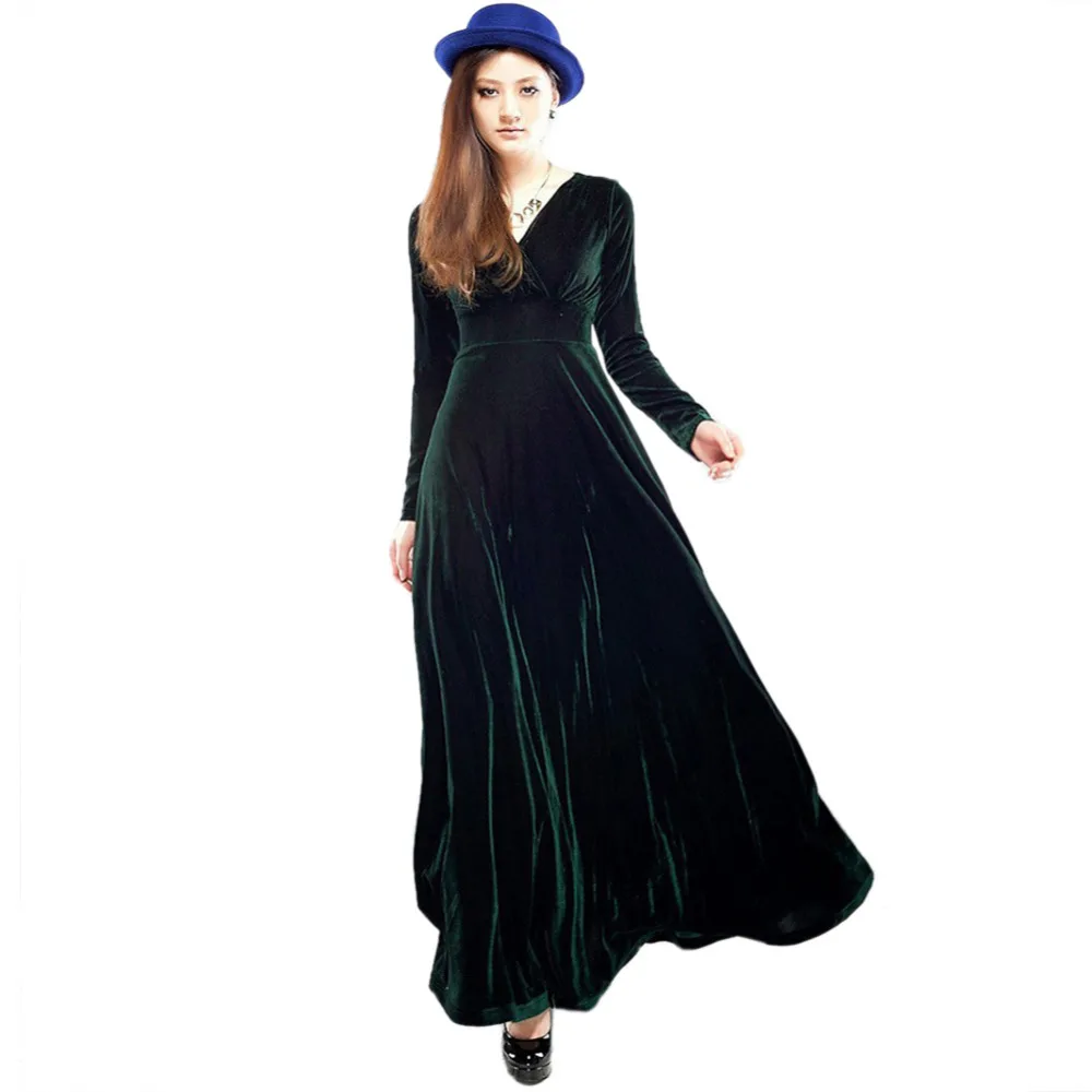 Sexy Elegant Velvet Warm Maxi Dress Women Long Sleeve Deep V Dresses 5