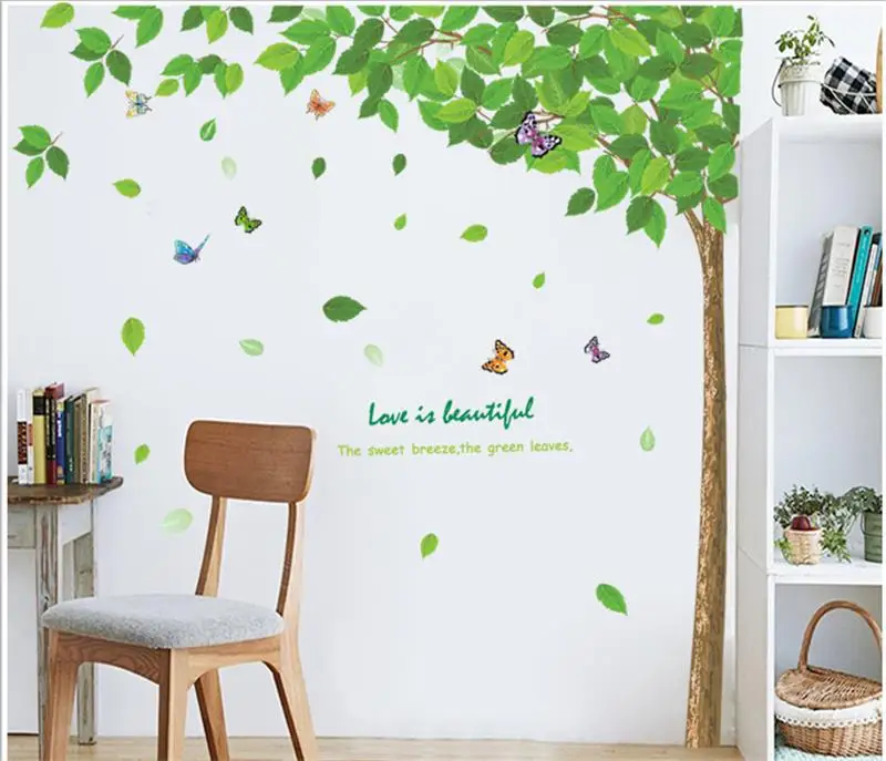 

% The Green Leaves Art Big Tree Butterfly Wall Stickers Home Decor Mural Wedding Decoration Glass Door Buatiful Decals