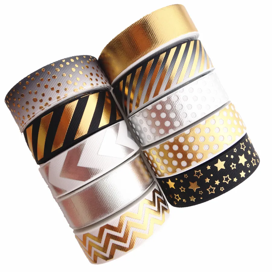 

7/8" 22mm 5 Yards Gold Or Silver Foil Grosgrain Ribbons Gift Packaging Diy 100% Polyester Materials Printed Ribbons 18060103