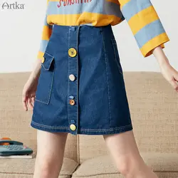 ARTKA 2019 Летняя женская джинсовая юбка высокого качества однотонная Повседневная трапециевидная юбка Женская Кнопка карманный дизайн
