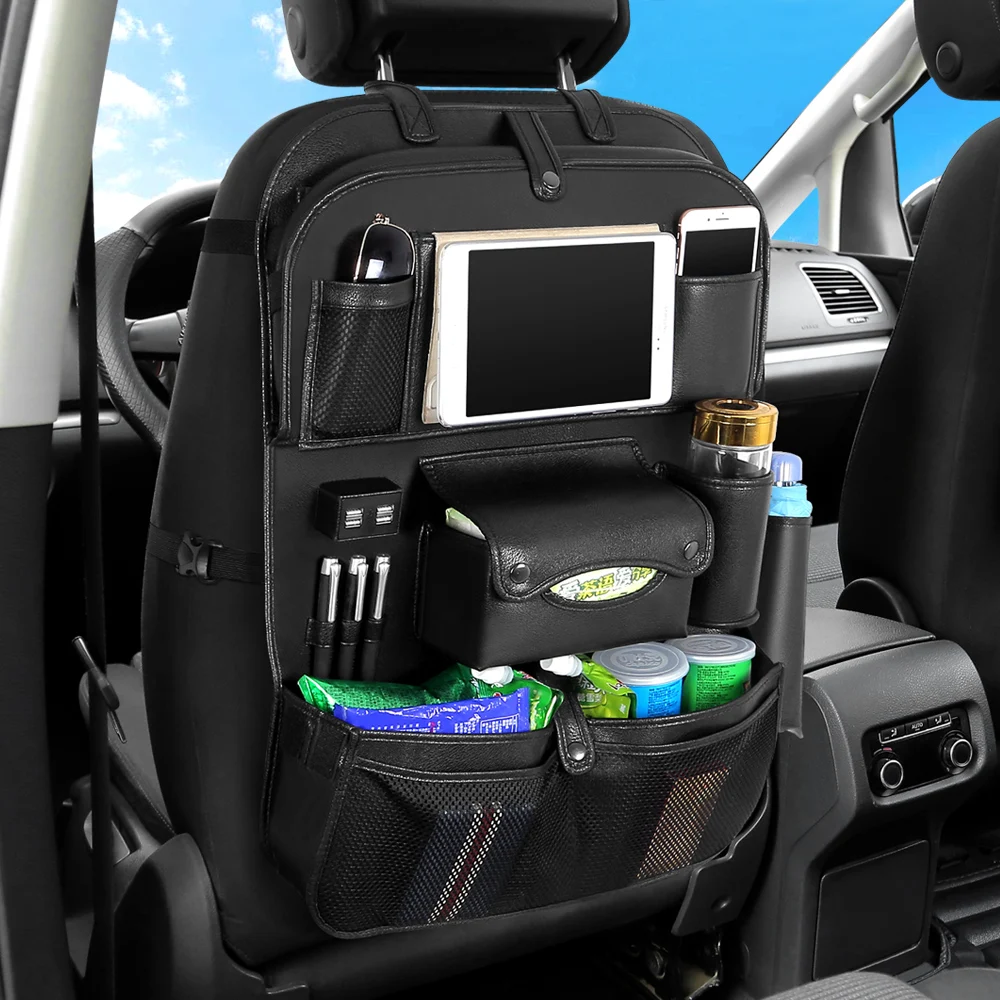 Car Leather Firm Back Seat Storage Hang Bag Organizer Stowing Tidying Baby Kids Sundry Specially Automobile Interior Accessories - Color Name: Carbon fiber color