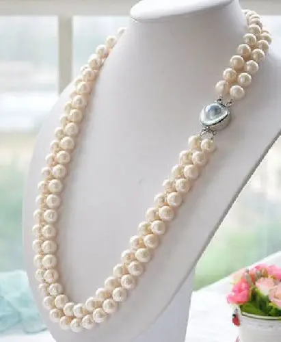 

Free shipping hot sale Women Bridal Wedding Jewelry >>New 2row 9-10mm white akoya round white PEARL necklace mabe 19-20" AAA