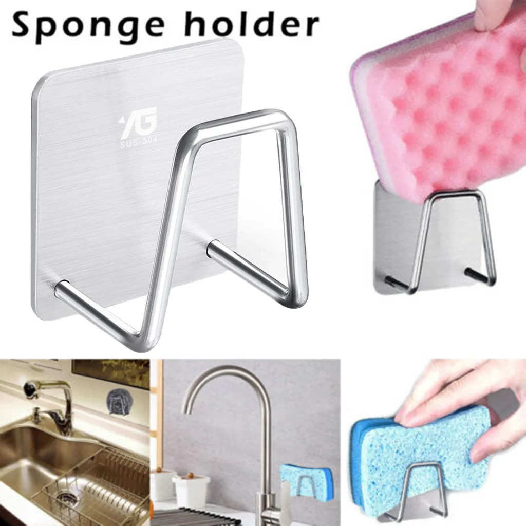 

Stainless Steel Kitchen Sponge Holder Brush Soap Dishwashing Liquid Drainer Sponge Drain Rack Powerful Self Adhesive