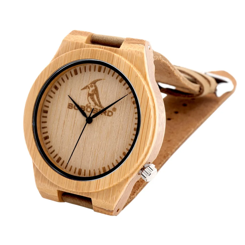 BOBO BIRD L-L07 Bamboo Wooden Watches Male with Brand Design on the Front and Wide Leather Strap Men Clocks