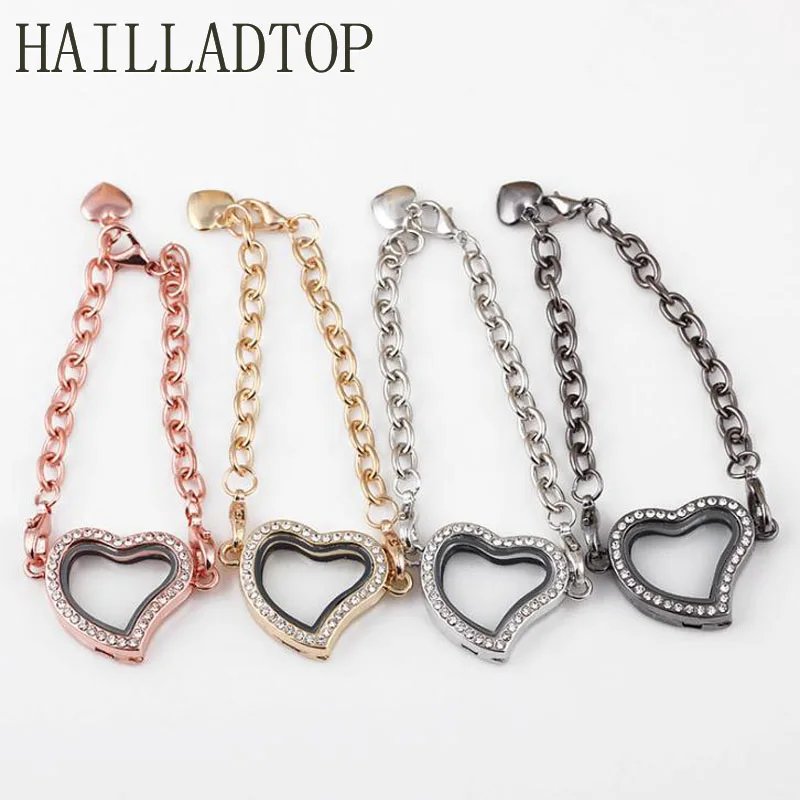 

Magnetic Glass Floating Locket Bracelet Rhinestone Heart Locket Bracelet Bangle for Women Rose Gold Color Mothers Day Jewelry