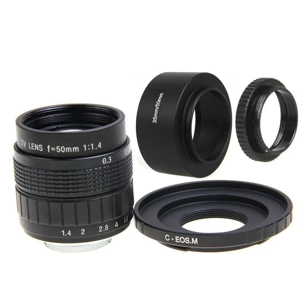 

FUJIAN 50mm F1.4 CCTV Movie Lens + C Mount +Lens Hood +Macro Ring for Canon EOS M EOS M2 M3 M10