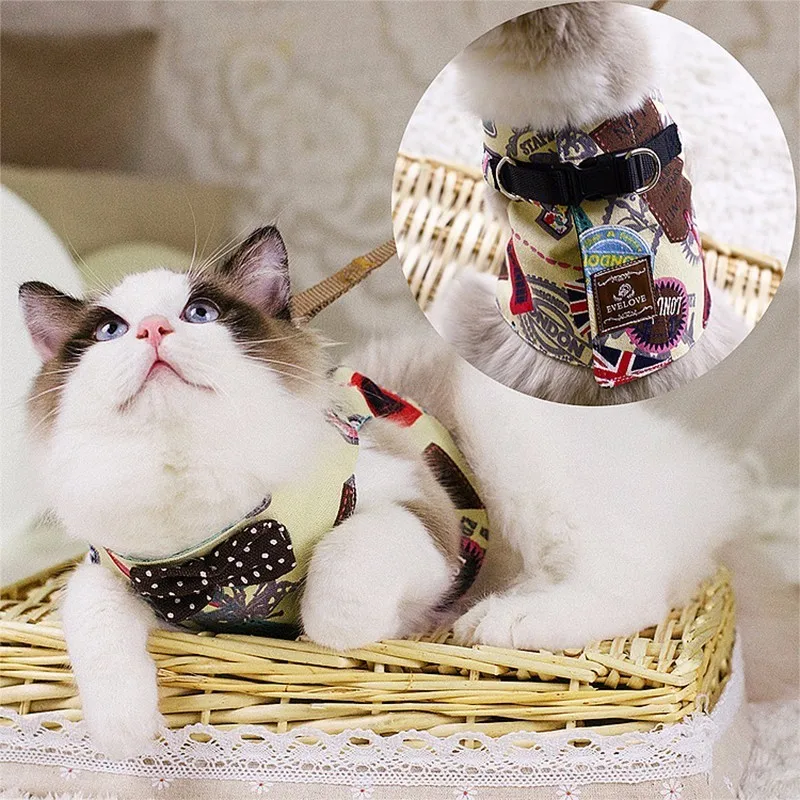 RFWCAK Pet Cat Dog Harness Safety Walking Cat Collar Leash Pet Traction Elegant British Style Cute Jacket Leash