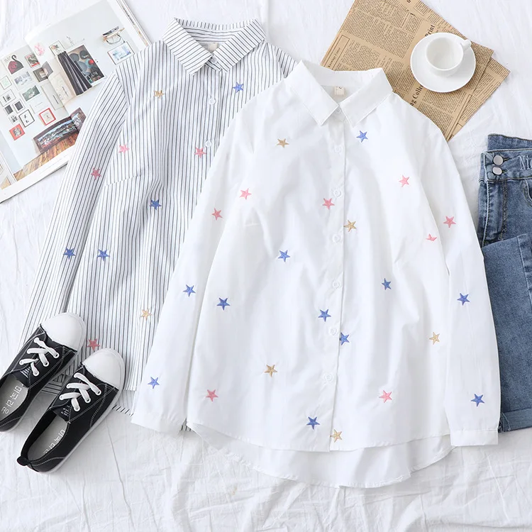 

KYQIAO summer tops for women 2019 autumn spring Japanese style cartoon white striped five stars embroidery blouse shirt
