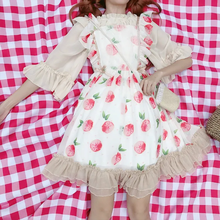 Летнее милое Персиковое женское платье-комбинация в стиле Лолиты, плиссированное платье в стиле Лолиты на бретельках, милое платье с фруктовым принтом, блузка