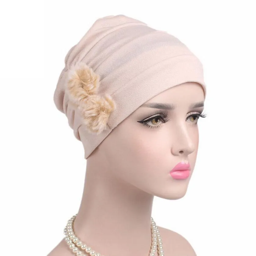 Winter Hat Women Beanie Head Wrap Cap Warm Pompom Floral Winter Hats