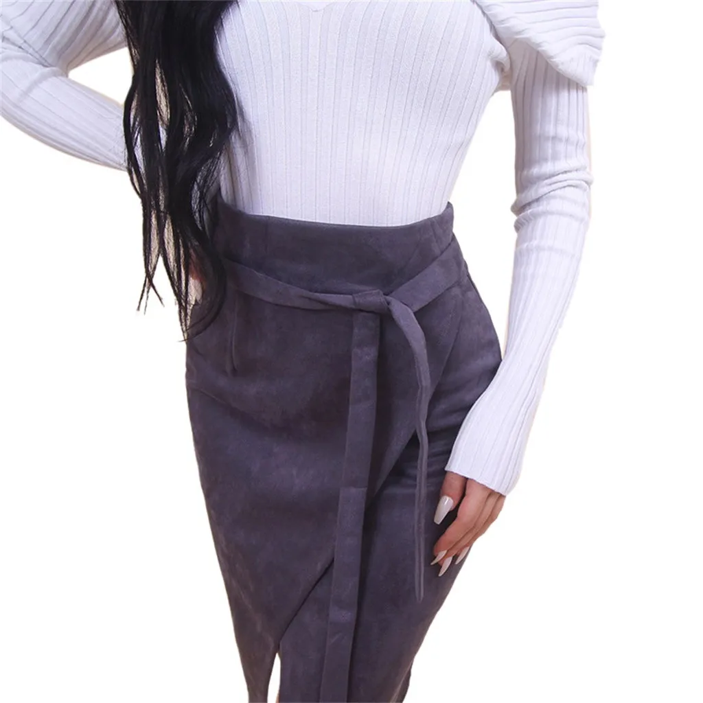 Женская модная однотонная Асимметричная юбка до колена с поясом, Корейская бандажная Женская юбка до середины икры, длинная юбка с поясом