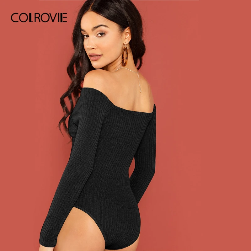 COLROVIE الأسود قبالة الكتف الصليب التفاف متماسكة نحيل مثير حزب ارتداءها النساء 2019 ملابس علوية بأكمام طويلة للربيع أنيقة سيدة داخلية