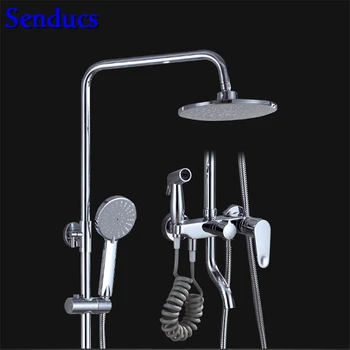 

Senducs Hot Cold Chrome Shower Set with High Quality Polished Chrome Bathroom Shower System Luxury Brass Shower Set