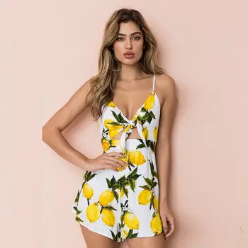 

Women Playsuits New Summer Print Chiffon Jumpsuit Short Hollow Out Overalls Jumpsuit Female Sleeveless V Neck Playsuit Rompers