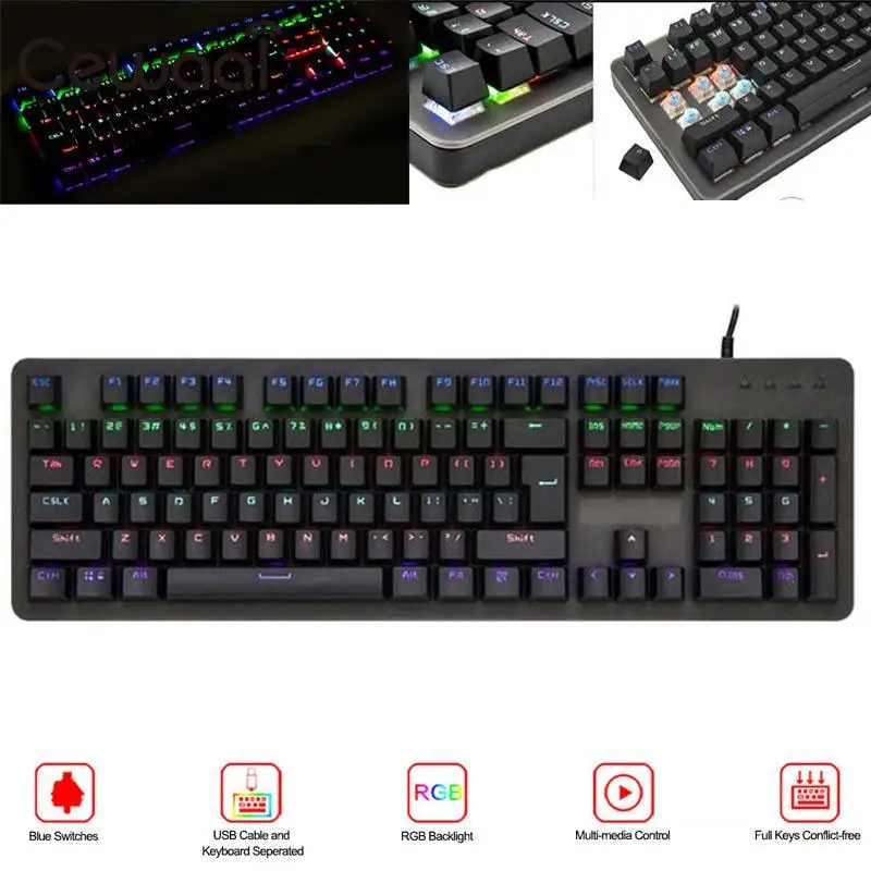 

CEWAAL Mechanical Keyboard Internet Cafes Game Backlit Switchable USB Gaming Keyboard Green Axis Professional