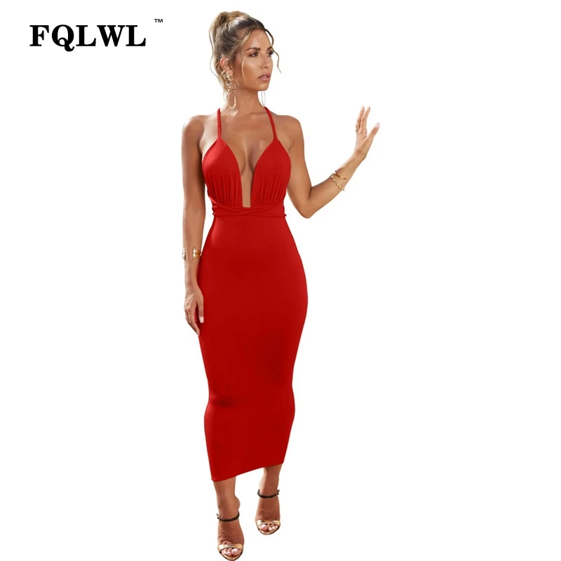 

FQLWL Sexy Black Women Party Dress Long 2018 Backless Bandage Bodycon Elegant Maxi Dress For Women Autumn Red Sundress Female