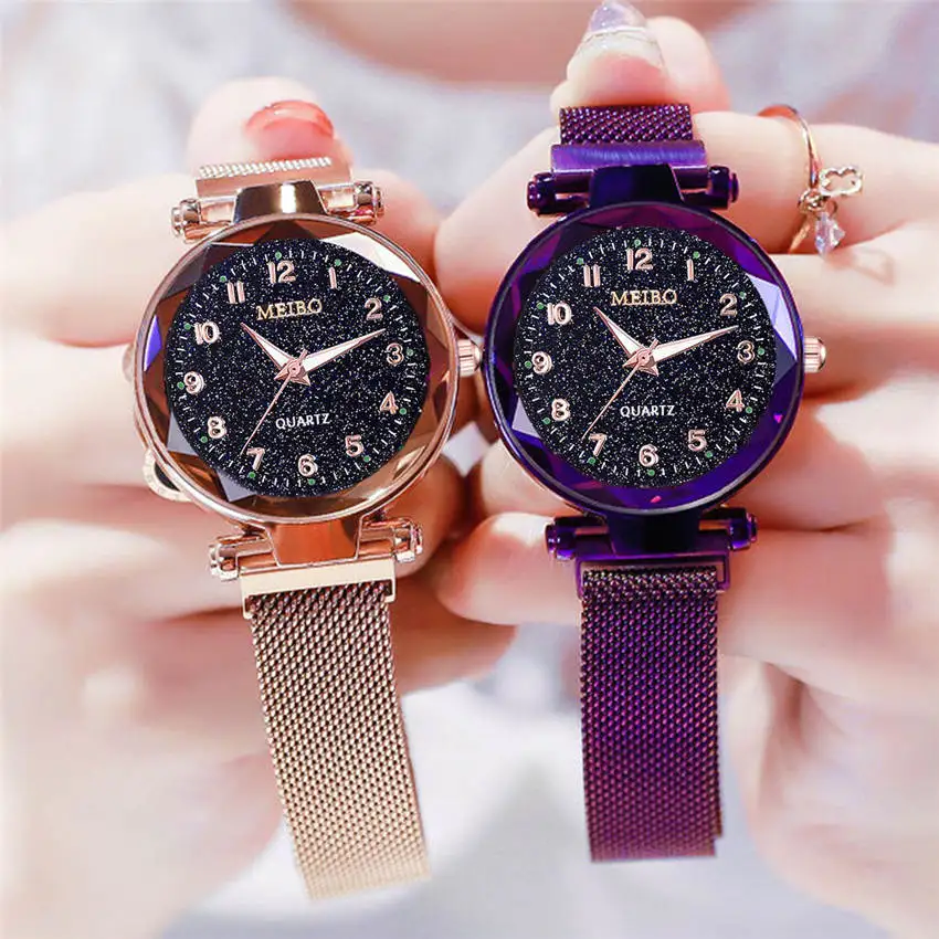 Классические роскошные модные часы Для женщин часы Звездное небо плоским Стекло кварц сетки с магнитной застежкой женские часы