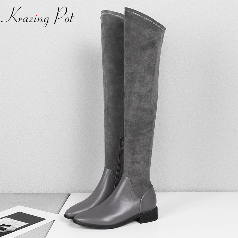 

Krazing Pot 2019 genuine leather slip on round toe superstar stretch long boots thick heels superstar stovepipe Winter shoes L11