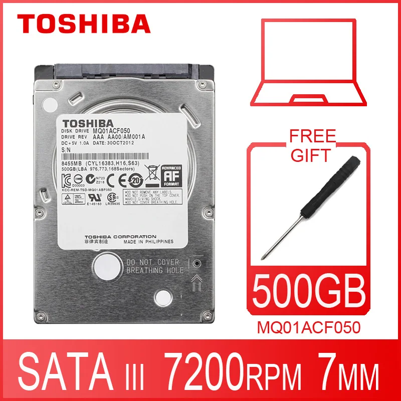 דיסק קשיח למחשב נייד TOSHIBA בנפח 500GB או 500G מקורי למחשב נייד פנימי HD 2.5 אינץ' 7200 RPM 16M מטמון 7mm 6Gb/s SATA3 MQ01ACF050
