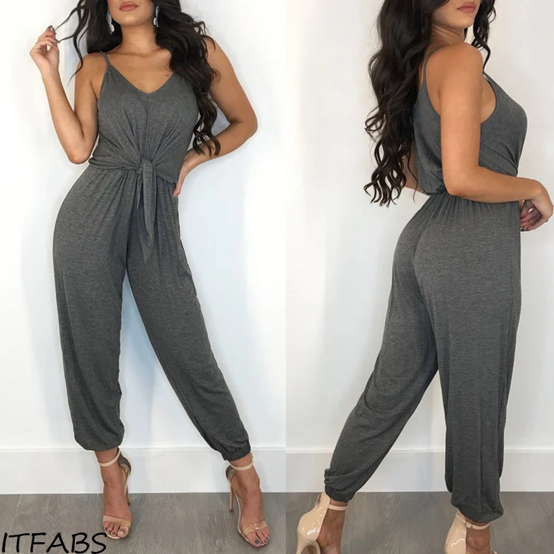 Summer new Women Casual Loose Solid Gray Black Jumpsuit Sleeveless Backless Playsuit Trousers Overalls