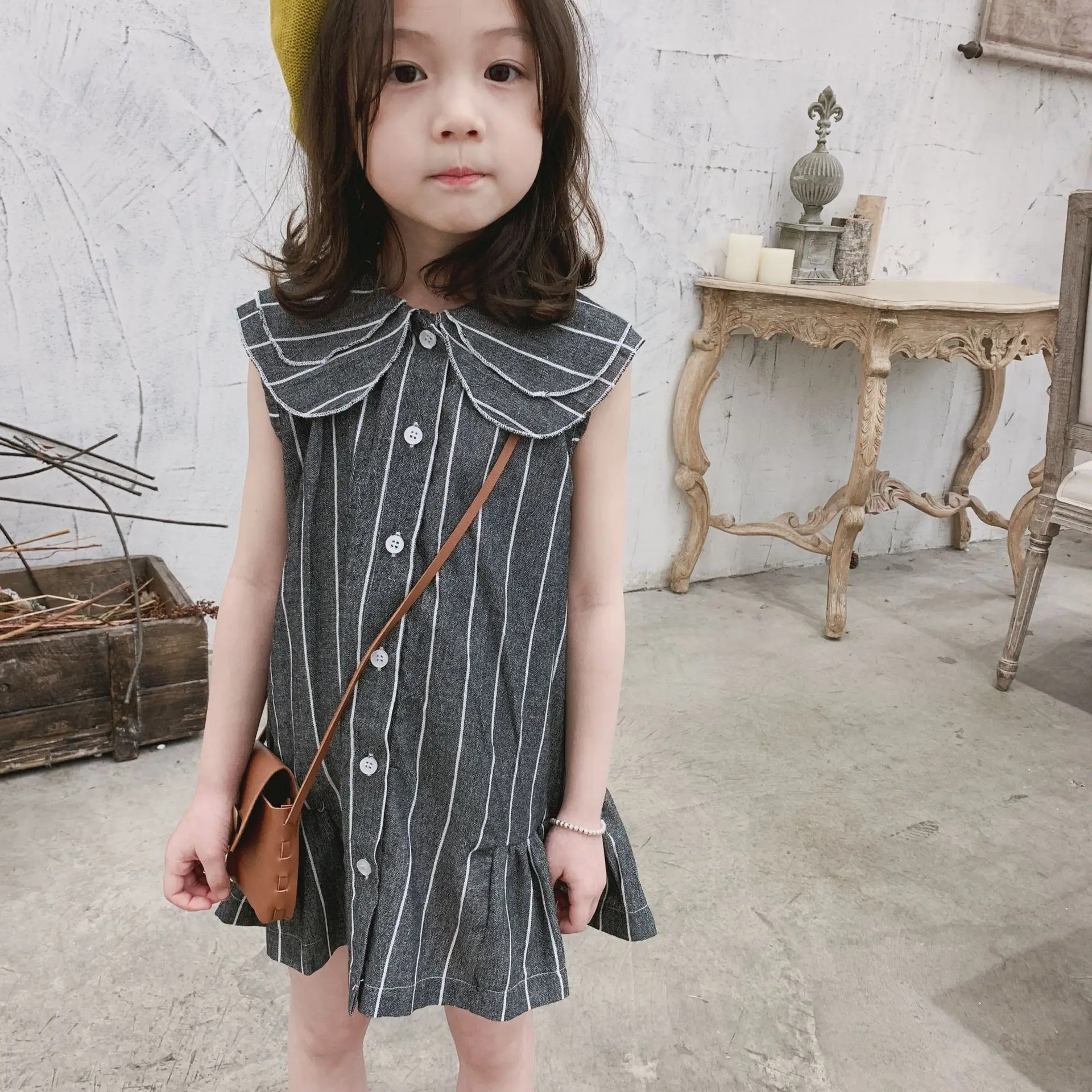 

Girls'Dresses Summer 2019 New Korean Children's Chao Fan Cotton and Turn-lapel Stripe Children's Dresses girls party dress