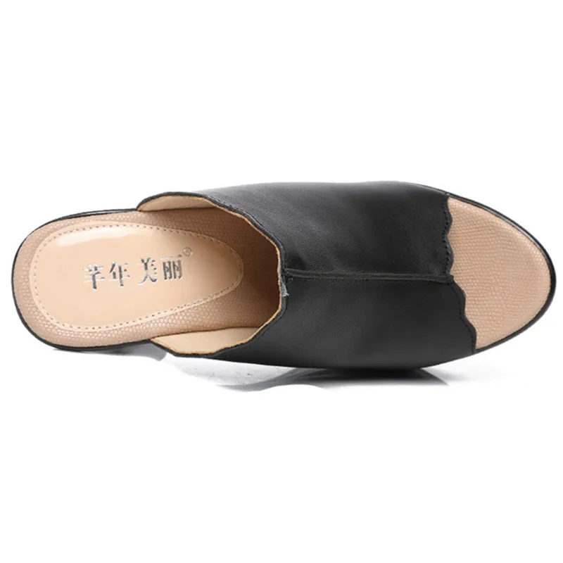 Кожаные туфли с открытым носком размера плюс 33-43; Летние шлепанцы на платформе; коллекция года; женские шлепанцы без задника на высоком каблуке; женские шлепанцы на квадратном каблуке
