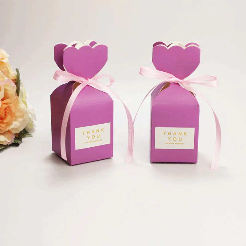 

New arrival Purple Pink Wedding Cookie Box Gift Candy Packaging Box with ribbon Favors Packaging Box Thank you sticker 50pcs/lot