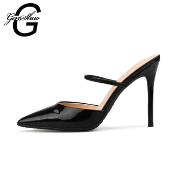 

GENSHUO Women Mules High Heels Shoes Sexy Pumps Pointed Toe Pumps Mule Heeled Black Nude White Small Size 32 Big Size 44 45 46